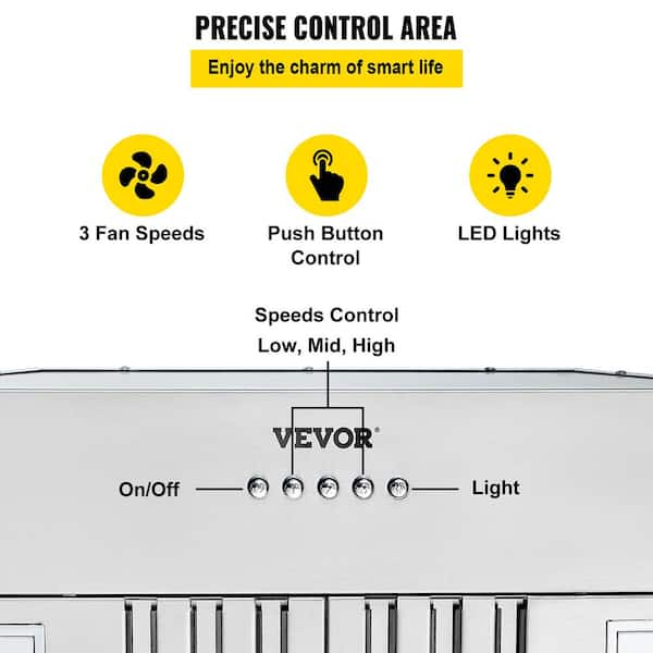 VEVOR Insert Range Hood, 800CFM 3-Speed, 30 Inch Stainless Steel Built-in  Kitchen Vent with Push Button Control LED Lights Baffle Filters,  Ducted/Ductless Convertible, ETL Listed