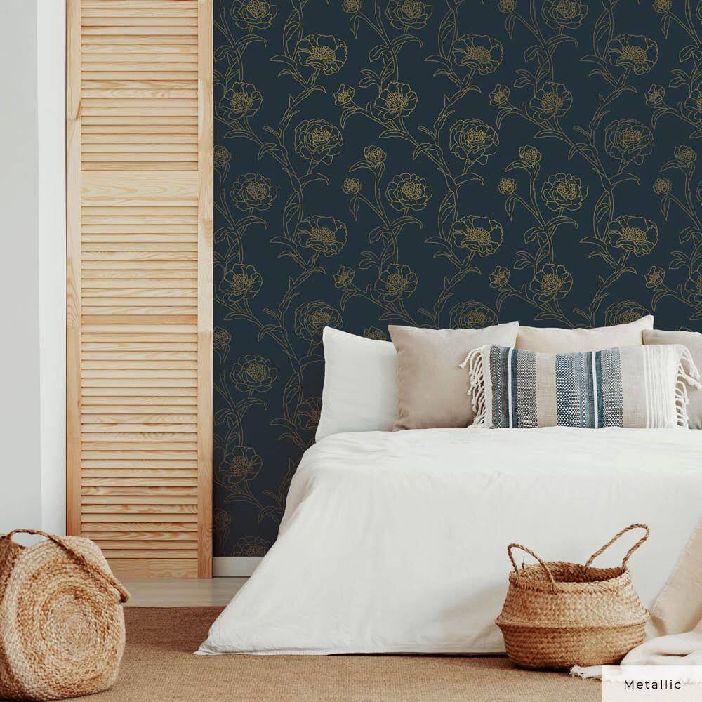 Peacock Blue and Gold Floral Peel and Stick Wallpaper