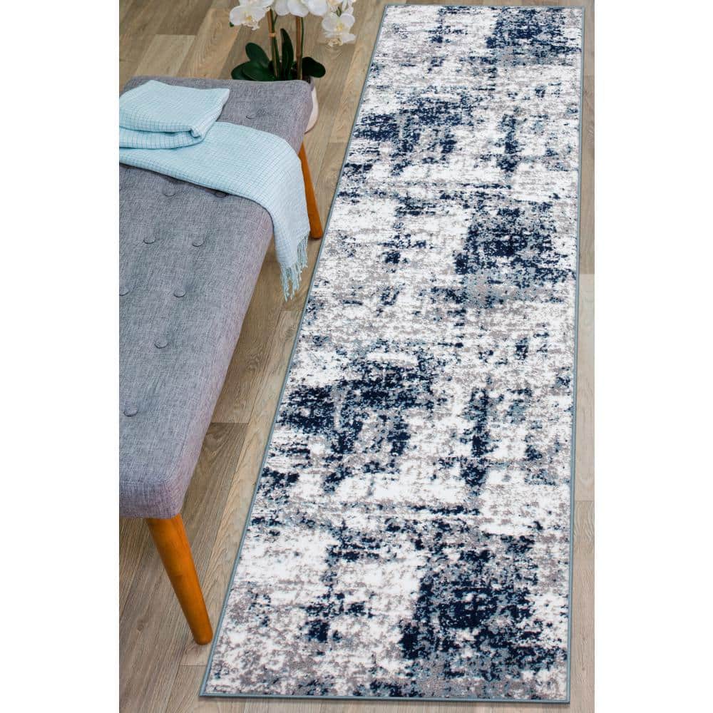 Blue Distressed Abstract Polypropylene Runner Rug
