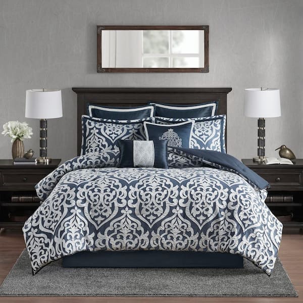 Madison Park Dillon 8-Piece Navy/Silver Polyester Queen Comforter Set