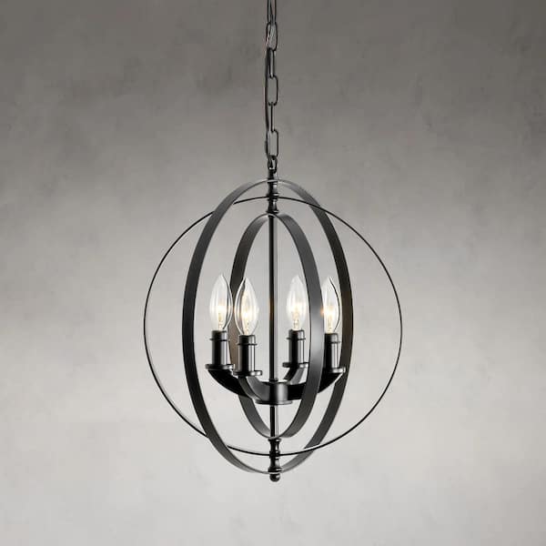 Rennnsan Nevaeh 4-Light Black Rotating Orb Chandelier with Adjustable Metallic Rings for Living Room, Dining Room, or Kitchen