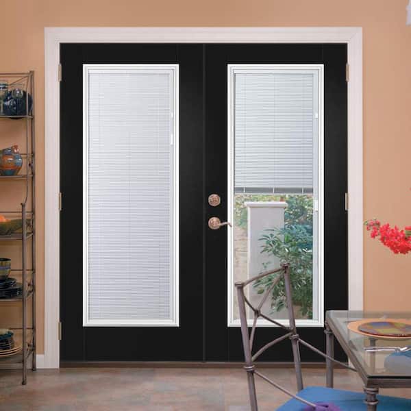 60 in. x 80 in. Jet Black Steel Steel Prehung Left-Hand Inswing Mini Blind Patio Door in Vinyl Frame with Brickmold