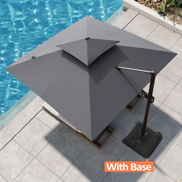 11 ft. Square Aluminum Double Top Outdoor 360° Cantilever Patio Umbrella in Dark Gray with 220 lbs. Umbrella Base