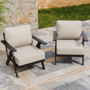 Modern Black Rust-Resistant Metal Frame Outdoor Lounge Chair with Beige Cushions (Set of 2)