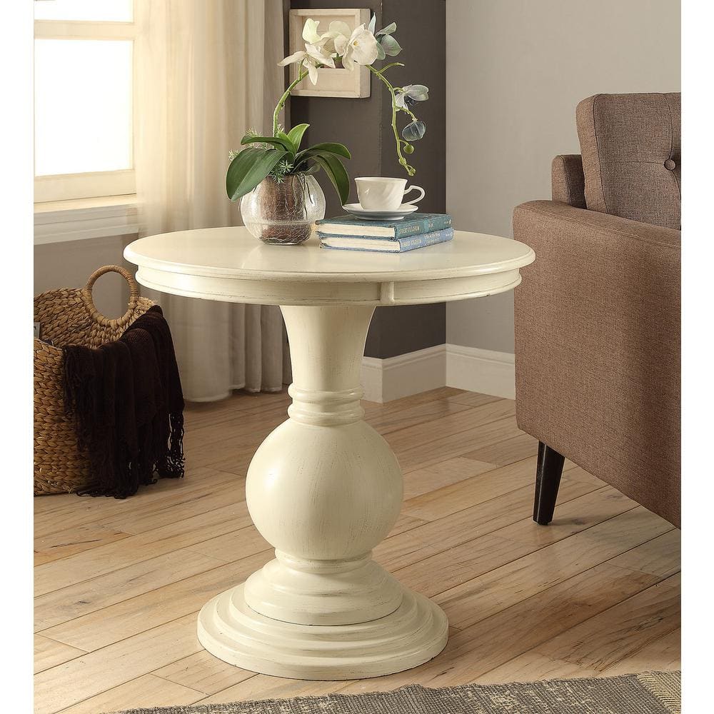 Elegant Antique White Round Pedestal End Table with Mirrored Glass Storage