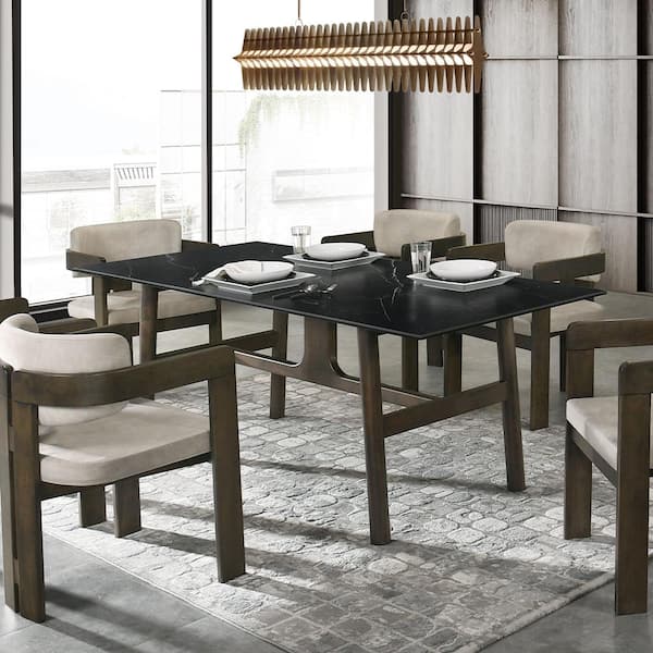 ACME Furniture Destin Ceramic and Walnut Finish Ceramic 35 in. Trestle Dining Table  Seats 6