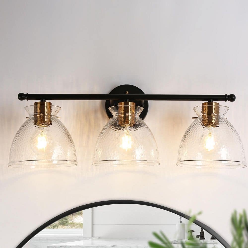 23.6 in. 3-Light Black Gold Mid-Century Modern Bathroom Vanity Light Wall Sconce with Etched Glass Shades price history on PriceWatchPro