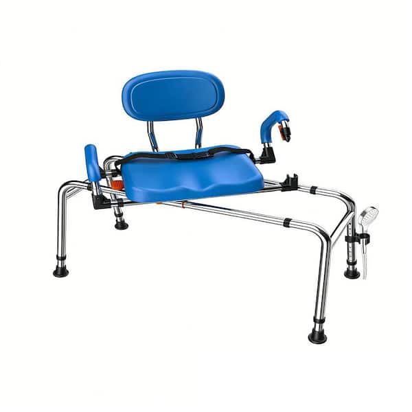 Blue Aluminum Sliding Shower Chair w/ Wide 360° Swivel Seat 450 lbs. Tub Transfer Bench Height and Arms Width Adjustable