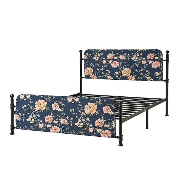 JAYDEN CREATION Baltazar Navy Transitional 61.75 in. Metal Frame Platform Bed with Floral Upholstered