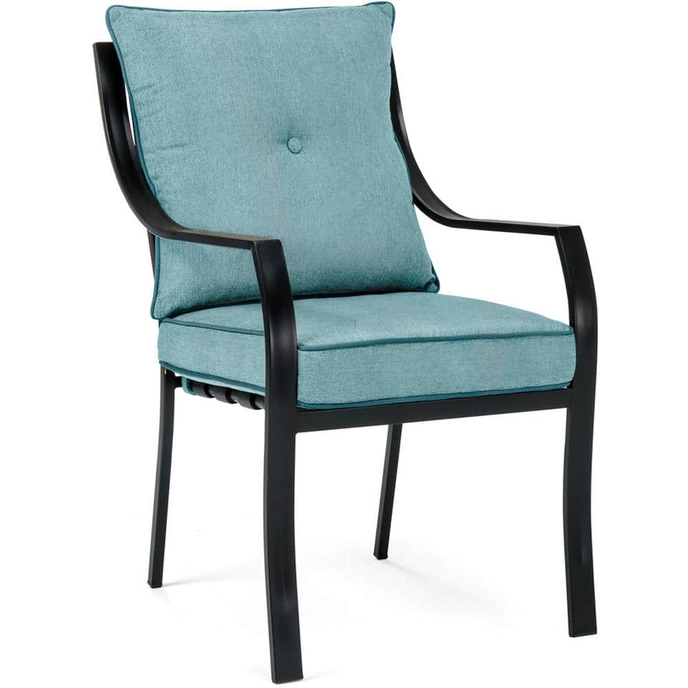 Lavallette 7-Piece Black Steel Outdoor Dining Set with Blue Cushions