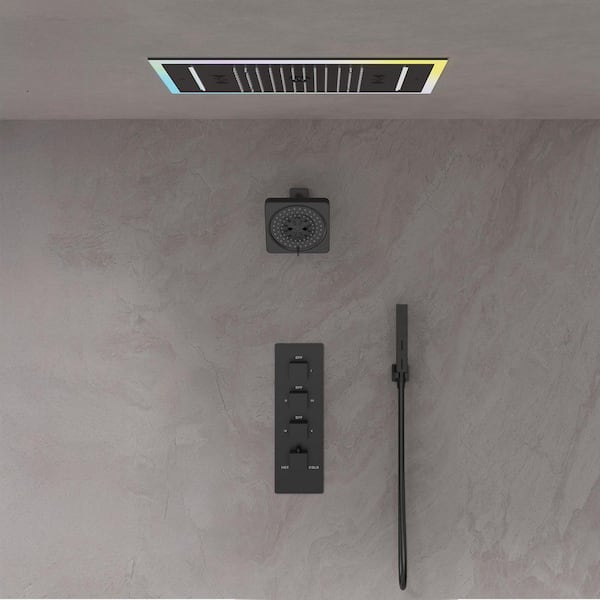 25 in. LED 4-Handle 3-Spray Shower Faucet 2.5 GPM with Music, Thermostatic, Waterfall, Anti Scald in Matte Black