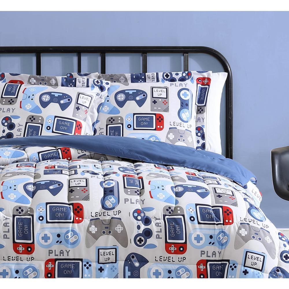 Twin Blue Microfiber Reversible Kids Gamer Comforter Set