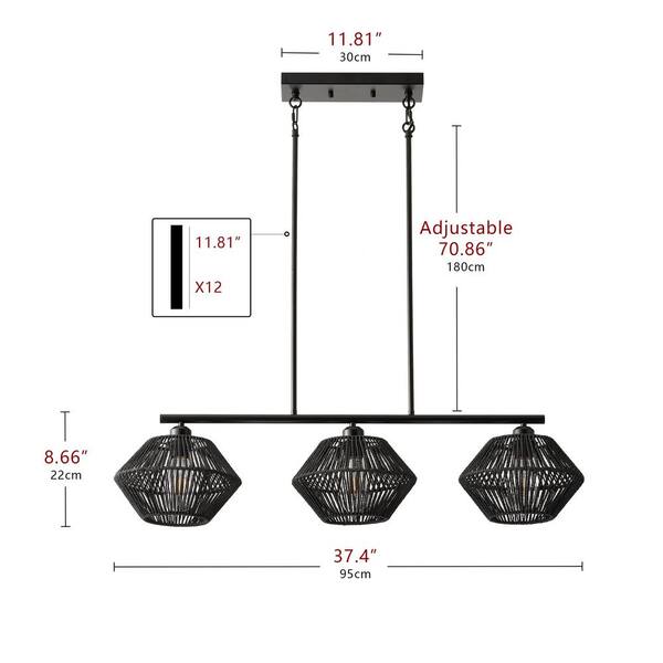 aiwen Rattan Farmhouse 37.4 in. 3-Light Boho Black Chandeliers