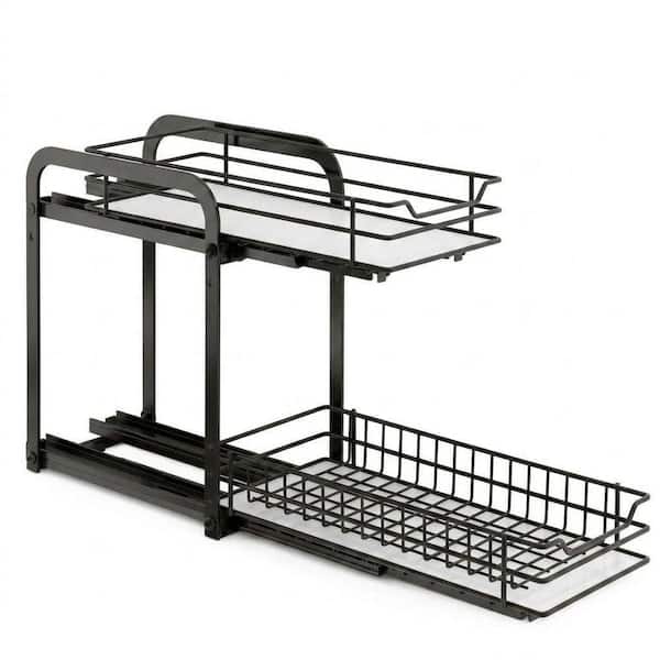 2 Shelf Black Pull Out Cabinet Spice Rack Organizer Height Adjustable Heavy Duty Metal Basket for Pantry Closet