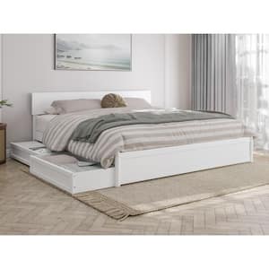 Wesley White Solid Wood Frame King Platform Bed with Panel Footboard and Storage Drawers
