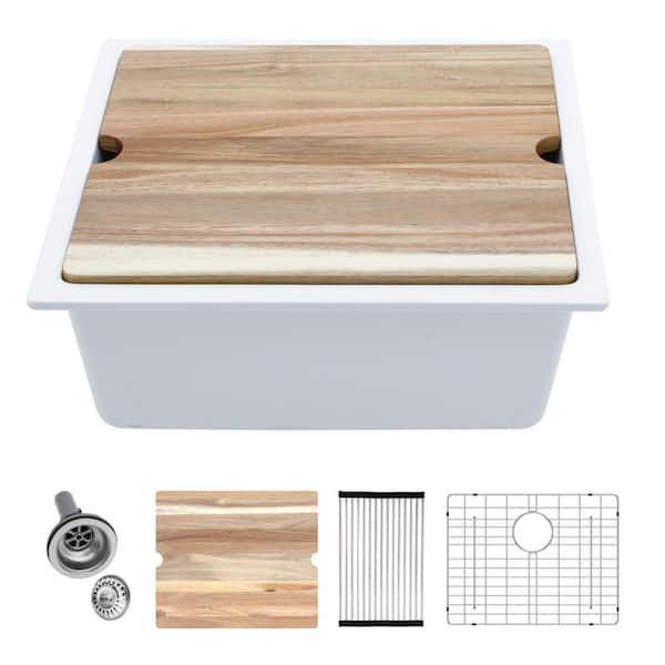 21 in. Undermount Bar Sink Single Bowl White Granite/Quartz Composite Workstation Kitchen Sink with Bottom Grids