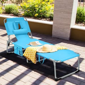 Gray Beach Reclining Metal Outdoor Lounge Chair with 5 Adjustable Positions Detachable Pillow & Hand Ropes in Turquoise