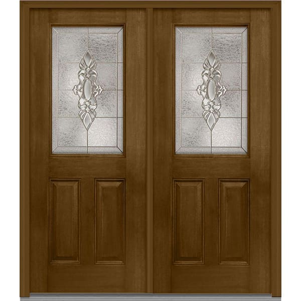 MMI Door 64 in. x 80 in. Heirloom Master Left-Hand Inswing 1/2-Lite Decorative Stained Fiberglass Mahogany Prehung Front Door