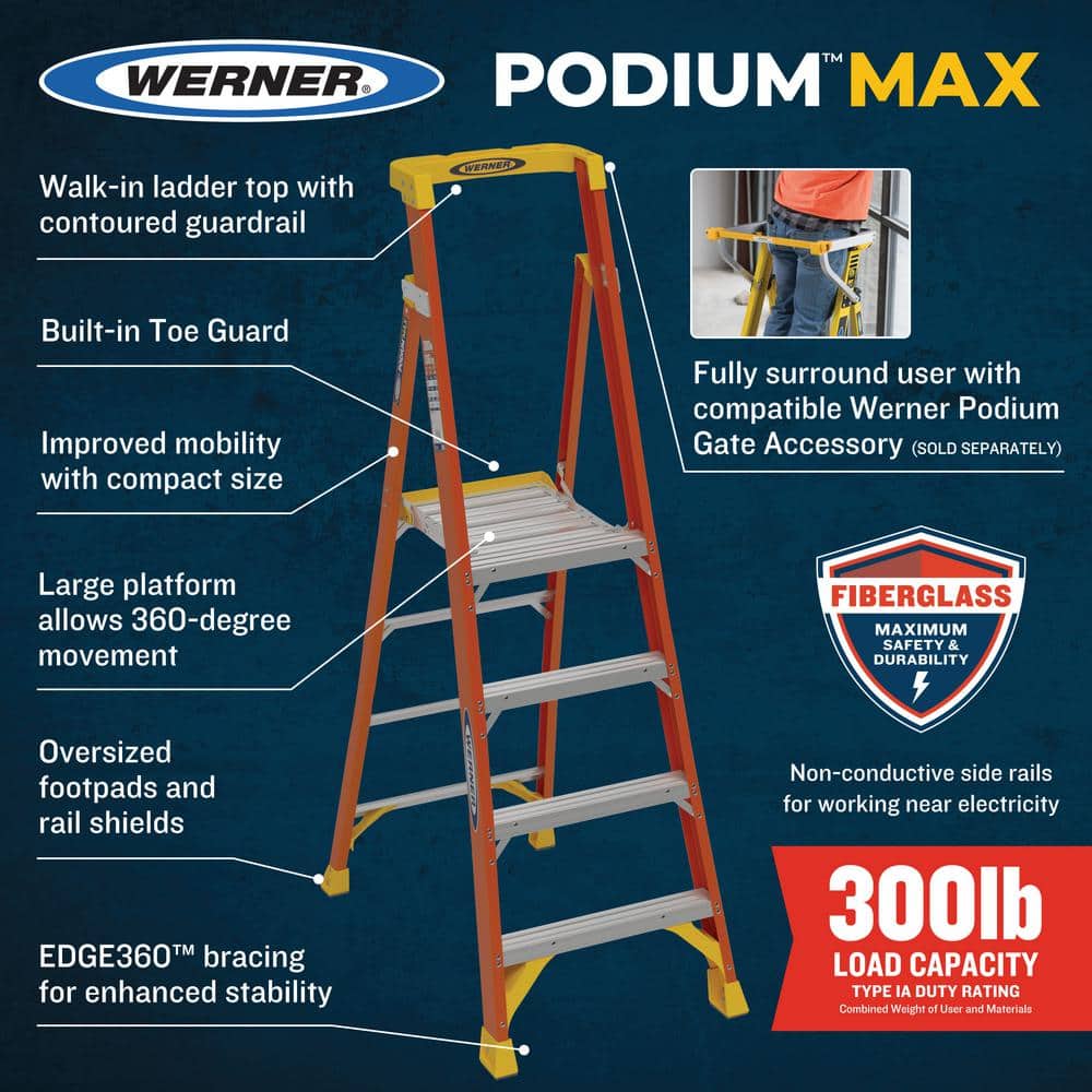 10ft Orange Fiberglass Podium Ladder with Guardrail