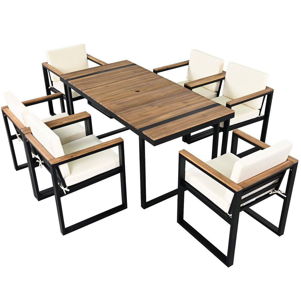 Beige 7-Piece Wood and Metal Outdoor Dining Set with Removable Water-Resistant Cushions durable construction price history on PriceWatchPro