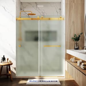 56-61 in. W x 79 in. H Double Sliding Frameless Smooth Sliding Shower Door in Brushed Gold with 3/8 in. Frosted Glass