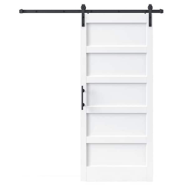 38 in. x 84 in. 5-Panel Solid MDF White Finished Interior Sliding Barn Door with Hardware Kit