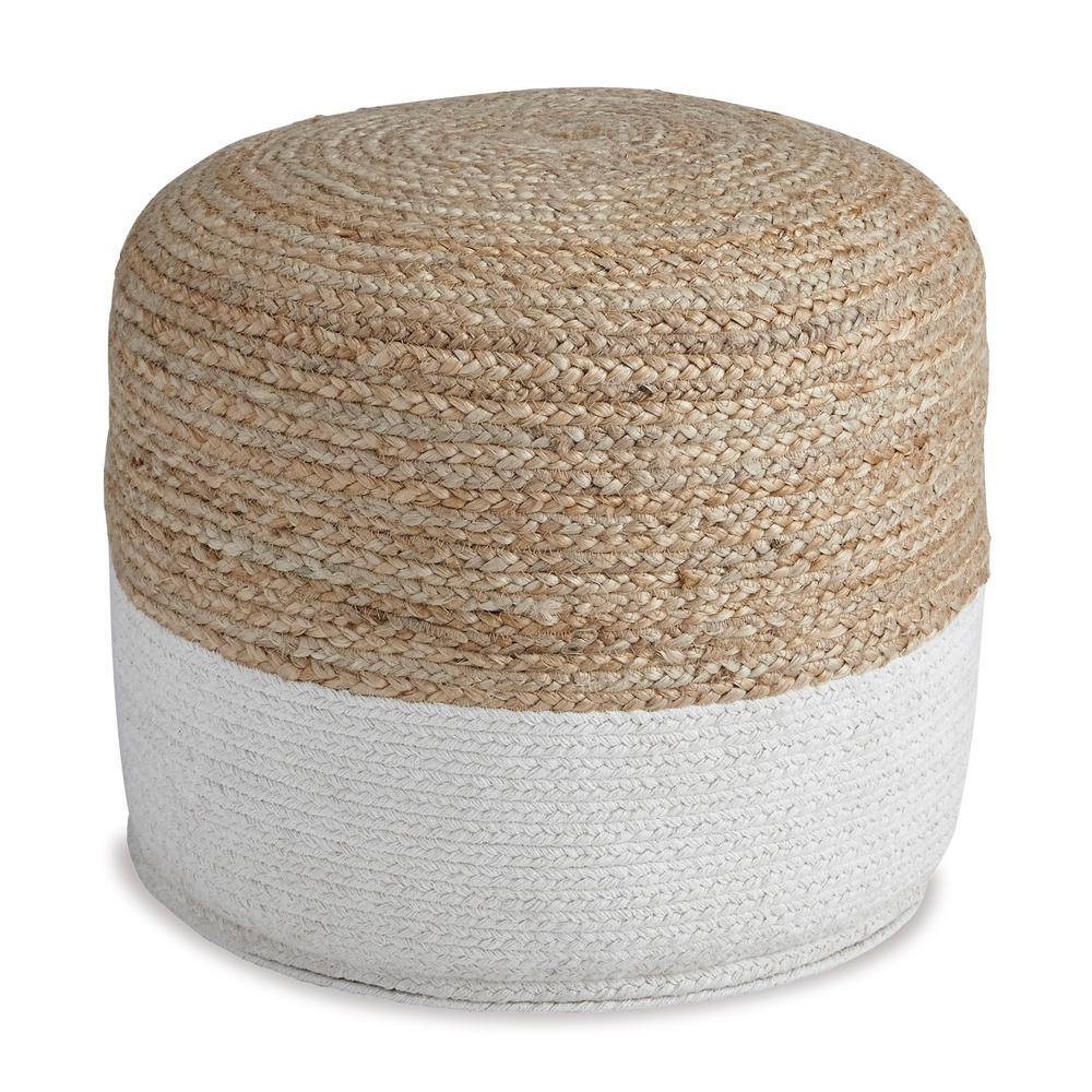 Contemporary Braided Jute and Cotton Pouf in Brown/White