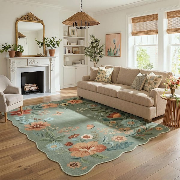 Washable Farmhouse Floral Print Wave-Shaped Non Slip Green Living Room Bedroom Dining Room 8 ft. x 10 ft. Area Rug