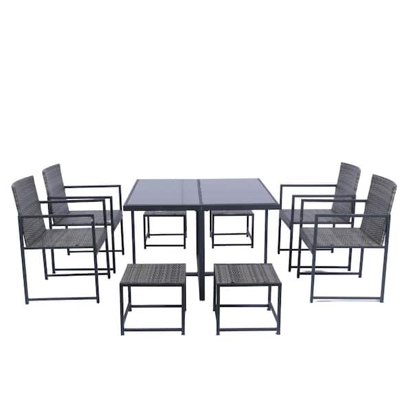 Unbranded 9-Piece Grey Rattan Wicker Outdoor Dining Set with Glass Table Top, Dark Grey Cushions