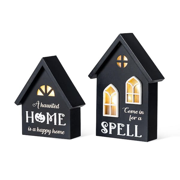 8 in. H Lighted Halloween Wooden Hauted House Table Decor (set of 2)