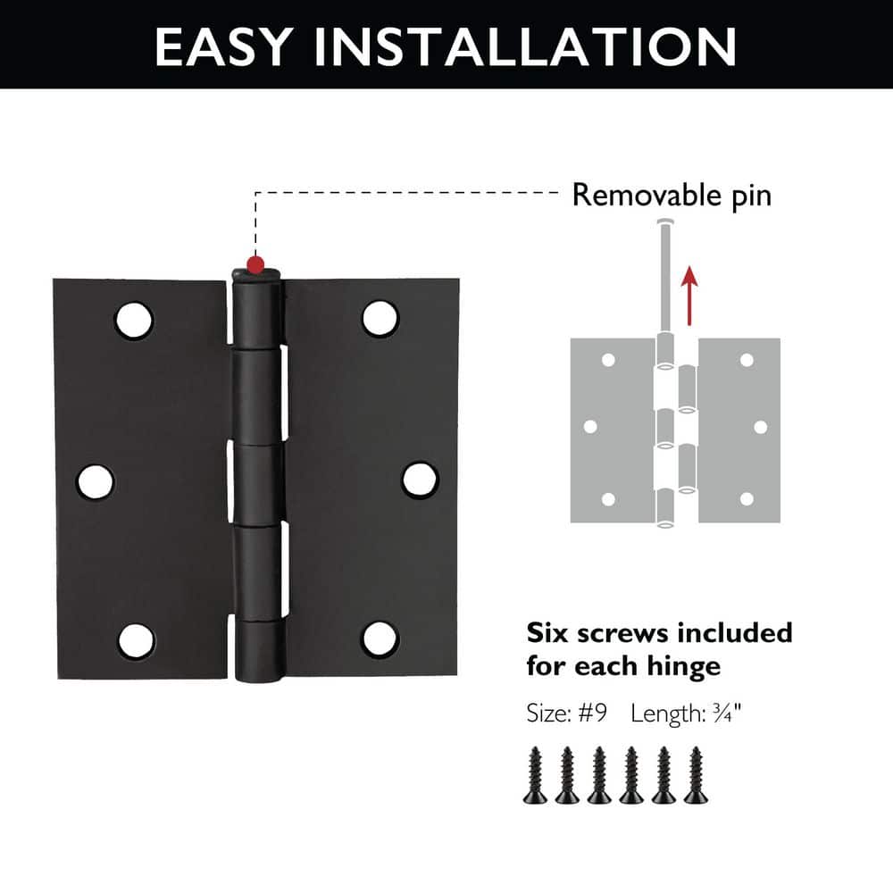 Matte Black Steel Square Corner Door Hinges 3-Pack