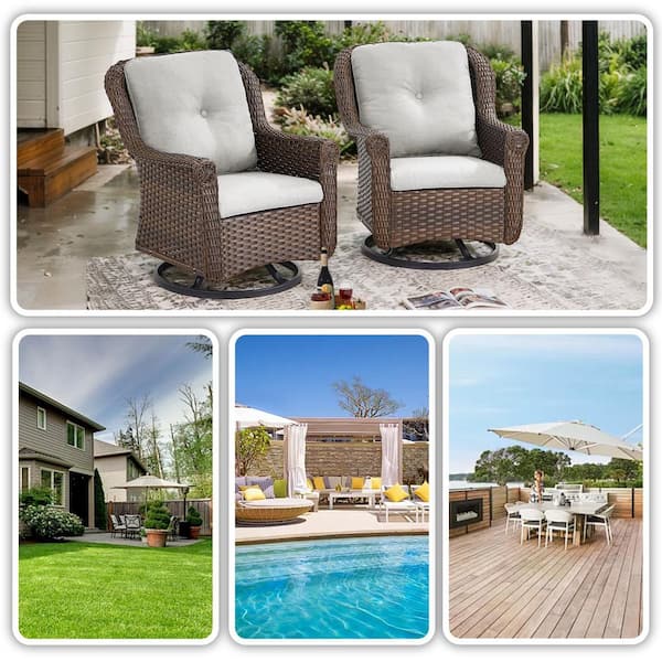 Jura 4-Piece Brown Wicker Outdoor Rocking Chair Patio Furniture Swivel Glider Set Deep Seating with Beige Cushions