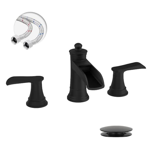 Waterfall 8 in. Widespread Double-Handle Black Bathroom Faucet Set 3-Holes Vanity Sink with Metal Drain in Matte Black