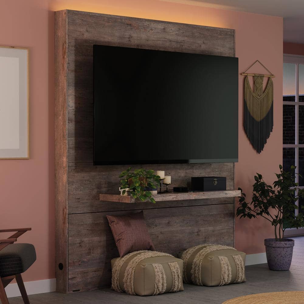 Weathered Wood Entertainment Wall with Floating Shelf and LED Lights