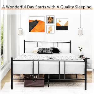 Black Steel Frame Queen Size Platform Bed with High Headboard, Not Need Box Spring