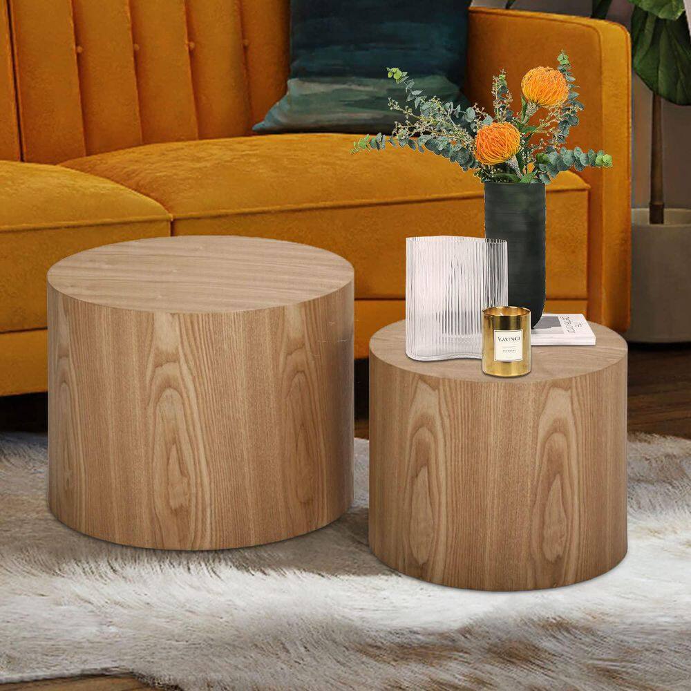 Oak Round Wood Nesting Coffee Table Set of 2
