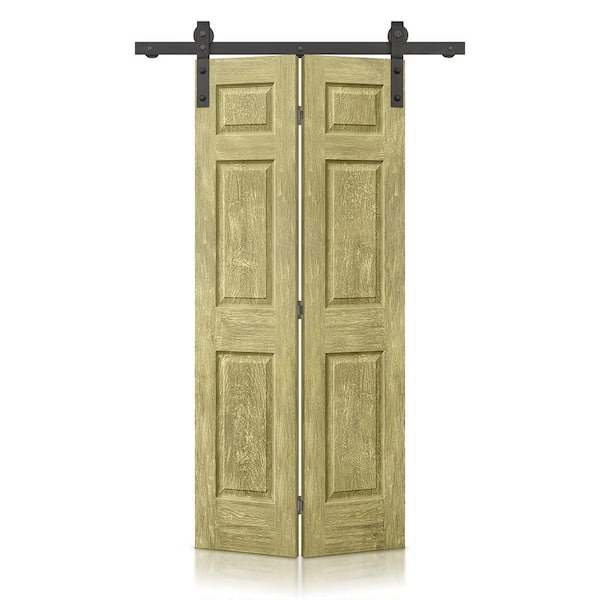 CALHOME 24 in. x 84 in. Antique Gold Stain 6-Panel MDF Hollow Core Composite Bi-Fold Barn Door with Sliding Hardware Kit