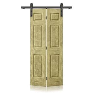 36 in. x 84 in. Hollow Core Antique Gold Stain 6 Panel MDF Composite Bi-Fold Barn Door with Sliding Hardware Kit