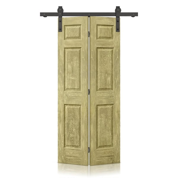 CALHOME 36 in. x 84 in. Hollow Core Antique Gold Stain 6 Panel MDF Composite Bi-Fold Barn Door with Sliding Hardware Kit