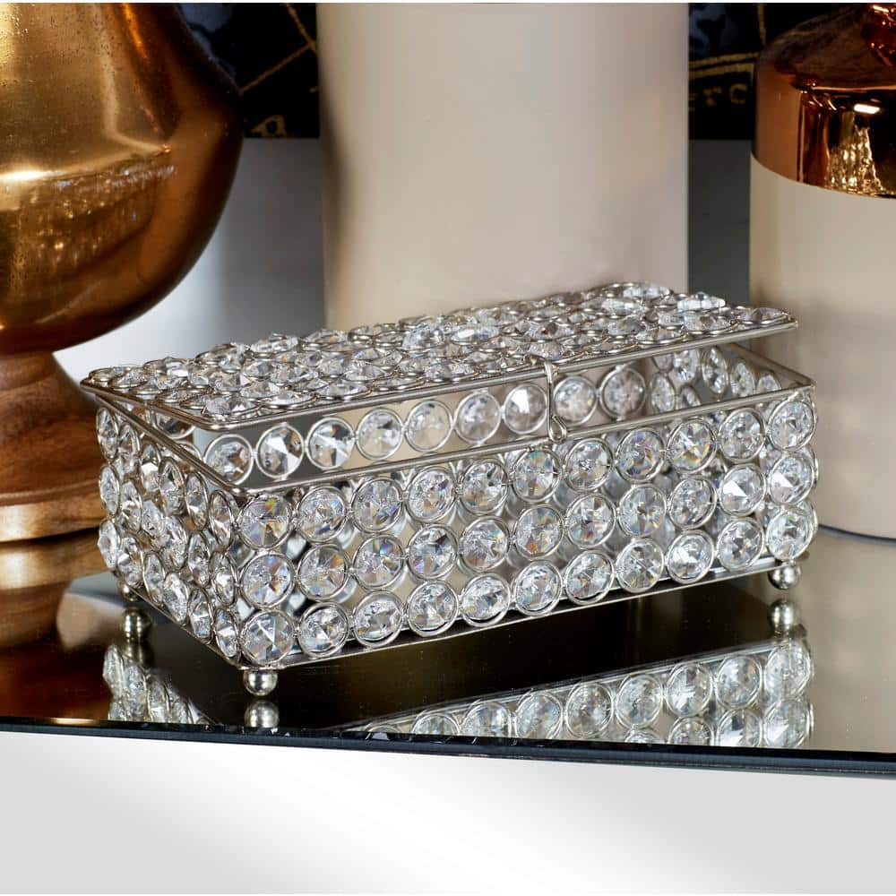 Silver Metal Rectangular Jewelry Box with Rhinestone Embellishments