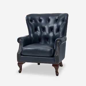 Eberhard Navy Genuine Leather Arm Chair with Nailhead Trims and Removable Cushion