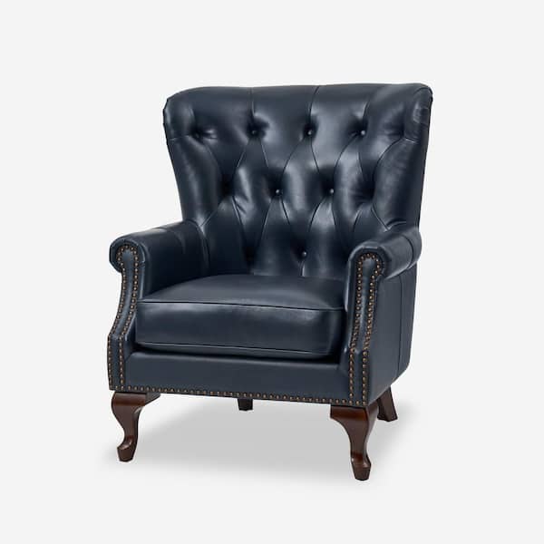 JAYDEN CREATION Eberhard Navy Genuine Leather Arm Chair with Nailhead Trims and Removable Cushion