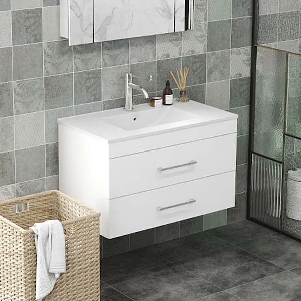 32 in. Wall Mounted Single Sink White Bath Vanity with White Ceramic Top (Self Assembly Needed)