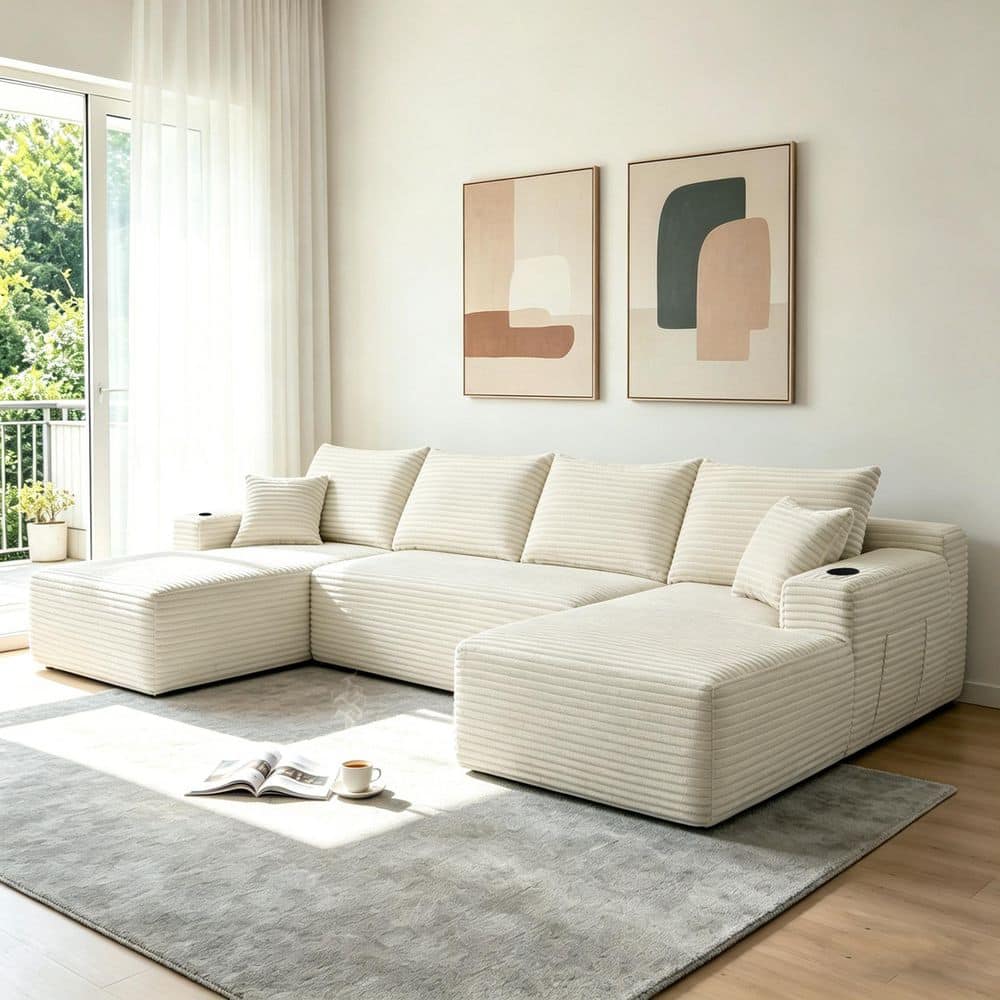 134 in. Square Arms Upholstered Corduroy U-Shape Sectional Sofa in Beige w/ Side Pockets and Cup Holder, 5 Seater Couch