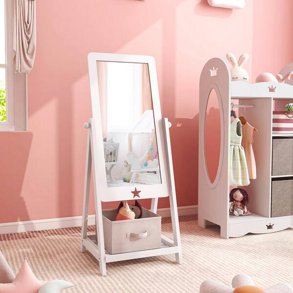 Costway White Wood 17.5 in. Kids Freestanding Full Length Dressing Floor Mirror with Shelf ...