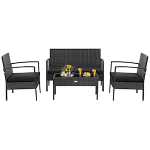 4-Pieces Patio Rattan Furniture Set Cushioned Sofa Armrest Garden Black