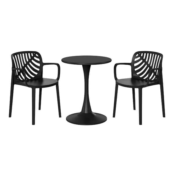 Frond and Form Outdoor Patio Modern 3-Piece Round HDPE Plastic Bistro Dining Set with Stackable Chairs, Black