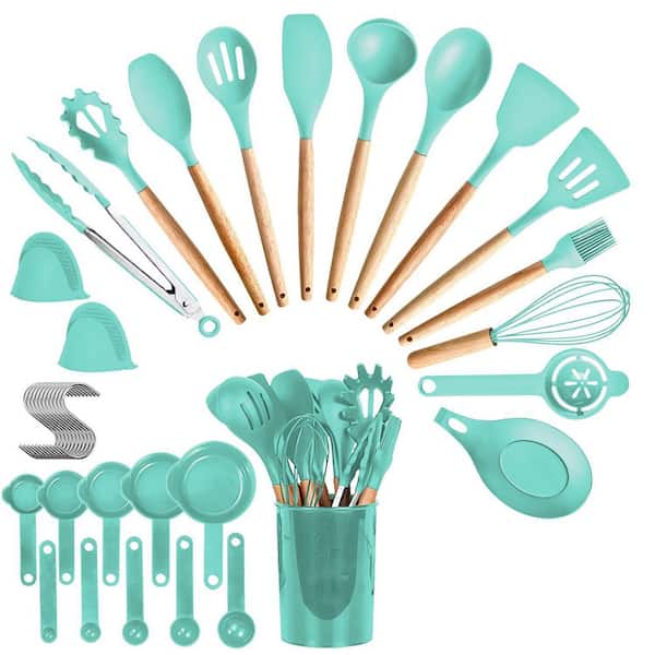 35-Pieces Stainless Steel Kitchen Cooking Set Utensils Set-Baking Accessories with Holder in Green