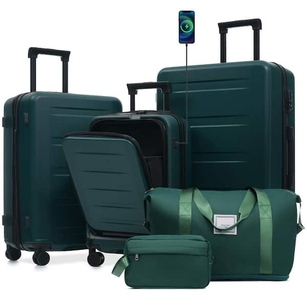 5 Bags 5-Piece Dark Green Expandable ABS Luggage Set with Duffel Bag, Toiletry Bag, Front Opening Design(20"), USB Port