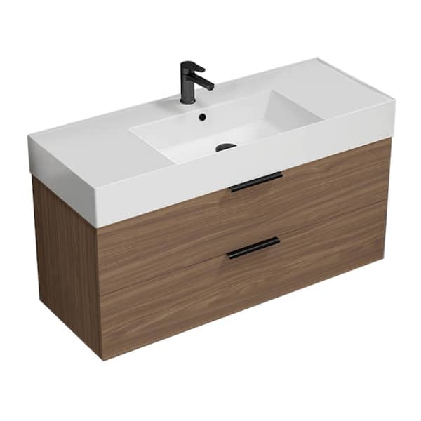 Derin 47.64 in. W x 18.11 in. D x 25.2 in. H Modern Bathroom Vanity in Walnut With White Ceramic Top